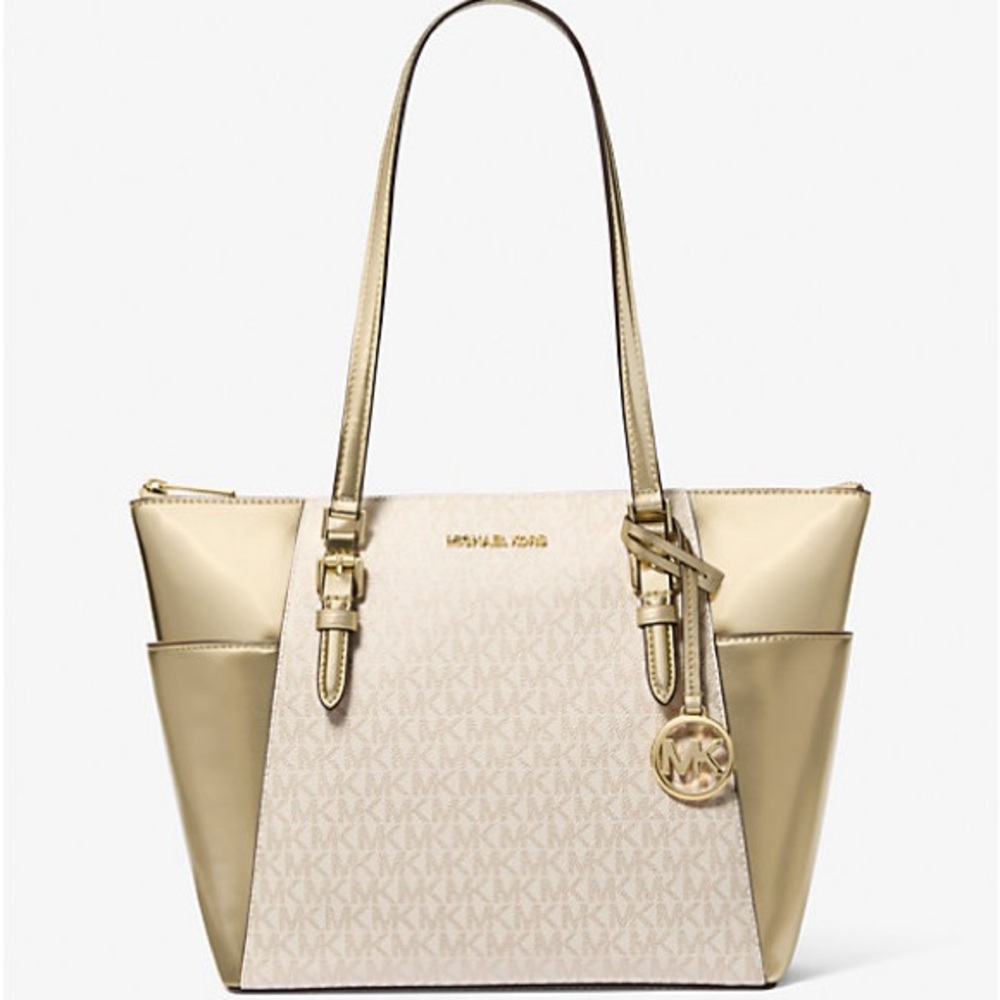 New with Tags! Charlotte Large Signature Logo and Metallic Top-Zip Tote Bag